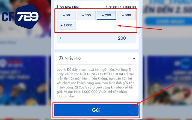 Chọn mệnh giá số tiền bạn muốn nạp và bấm vào Gửi Chọn mệnh giá số tiền bạn muốn nạp và bấm vào Gửi