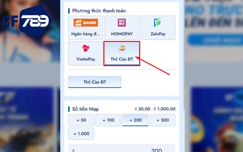 Chọn nạp tiền bằng phương thức Thẻ Cào Điện Thoại Chọn nạp tiền bằng phương thức Thẻ Cào Điện Thoại