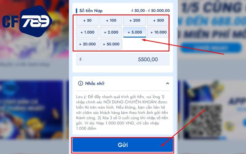 Chọn số tiền phù hợp vào bấm Gửi Chọn số tiền phù hợp vào bấm Gửi