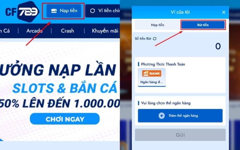 Đăng nhập vào tài khoản và bấm vào nạp tiền, sau đó bấm vào Rút Tiền Đăng nhập vào tài khoản và bấm vào nạp tiền, sau đó bấm vào Rút Tiền