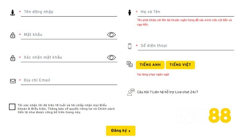 Điền các thông tin vào biểu mẫu đăng ký WE88
