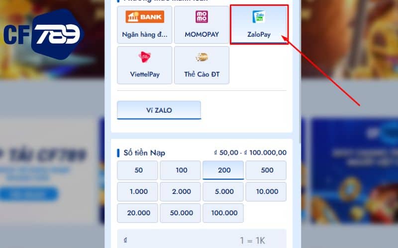 Mục phương thức thanh toán chọn vào ZALOPAY Mục phương thức thanh toán chọn vào ZALOPAY